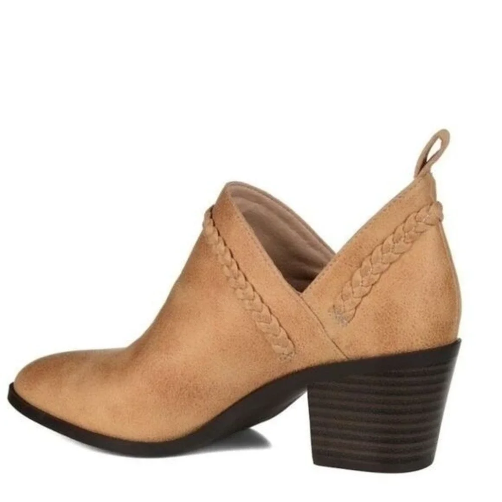 JOURNEE COLLECTION Sophie Braided Strap Bootie, Block Heel, Tan, Size‎ 7, NWT
